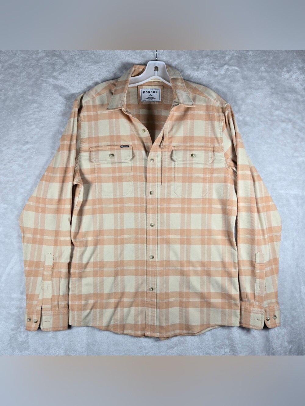 Poncho Long Sleeve Flannel Mens Size Large L Slim Fit Salmon Cream Plaid